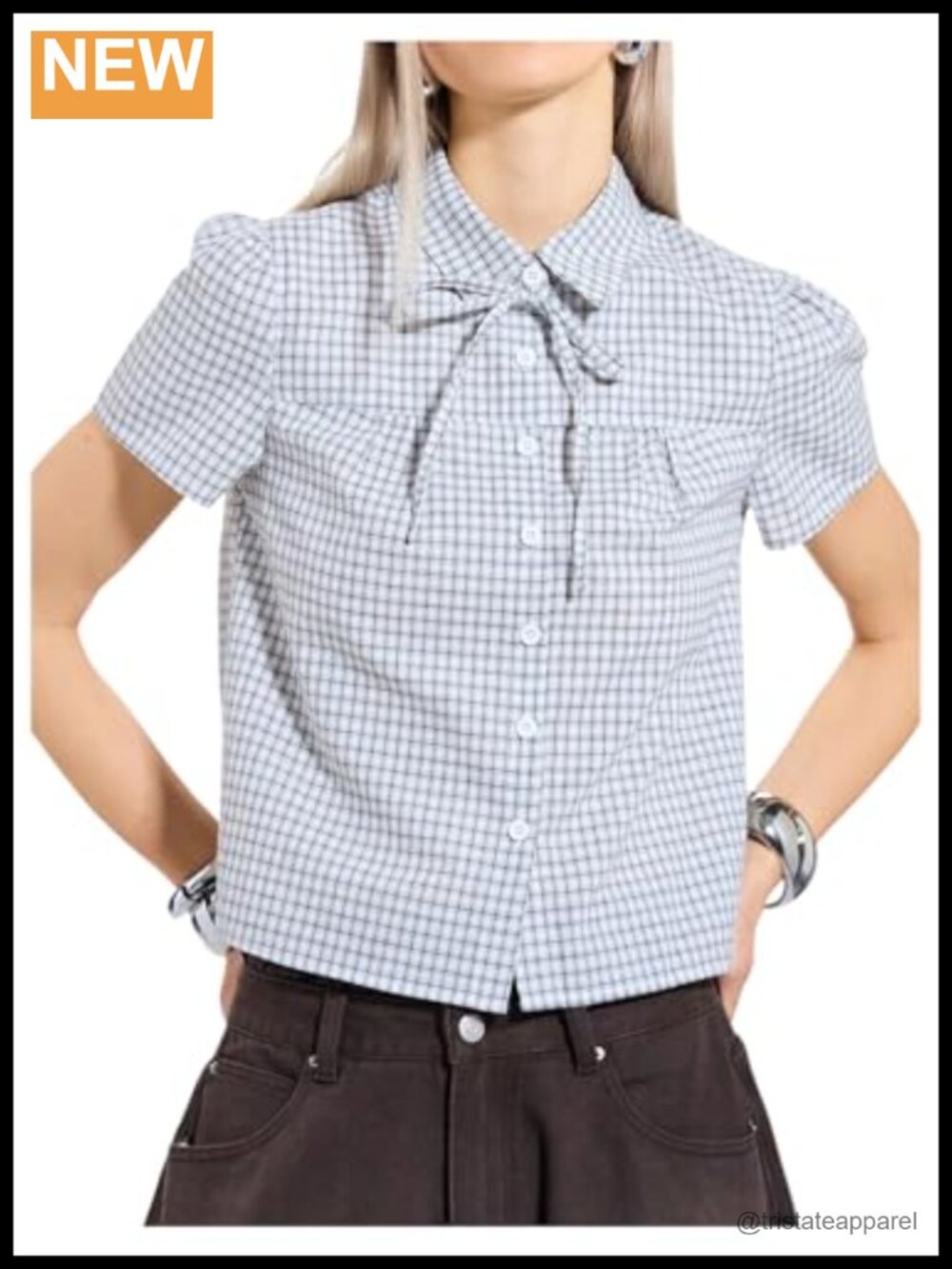 Plaid Bow Tie Front Short Sleeve Blouse Y2K Button Down Shirt Women's Top